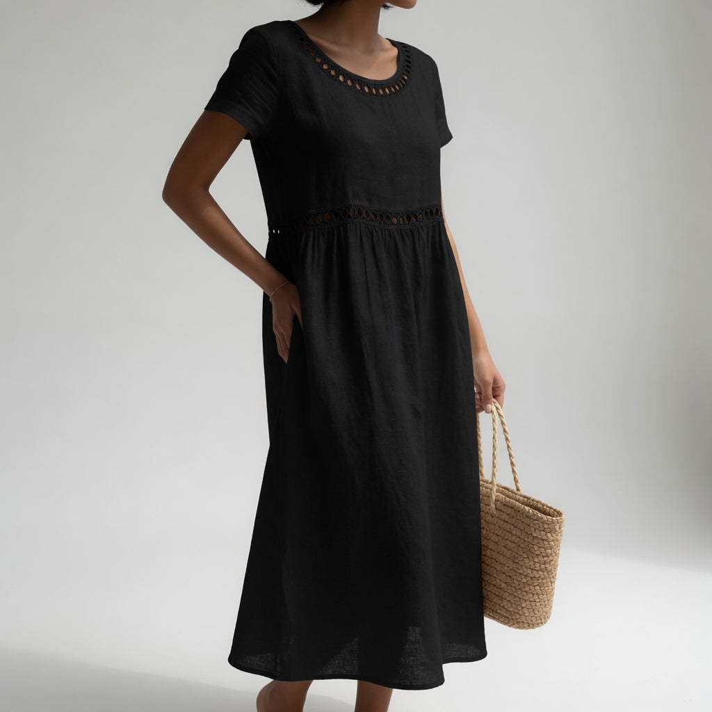 Judith – Linen Midi Dress with Lace Trim