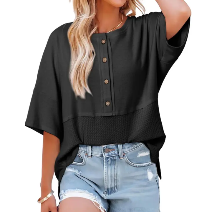 Eileen – Relaxed Waffle Knit Button Blouse