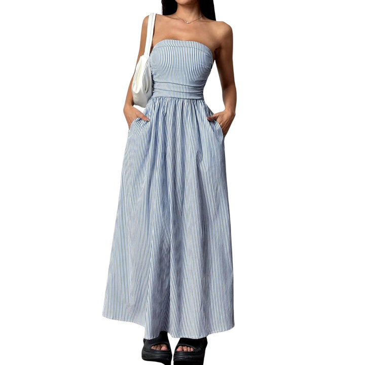 Jill – Striped Strapless Pocket Maxi Dress