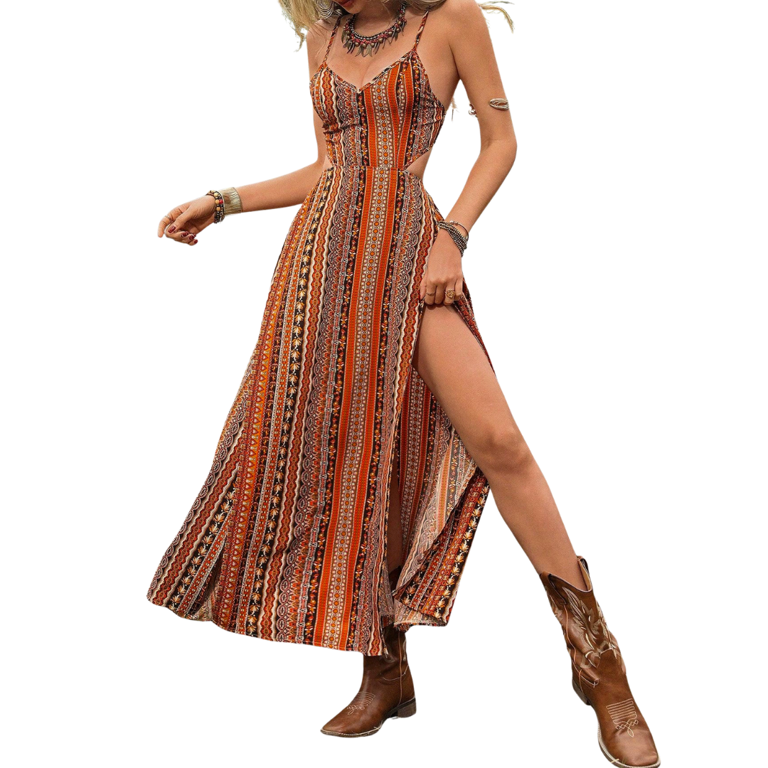 Josie – Boho Print Backless Slit Dress
