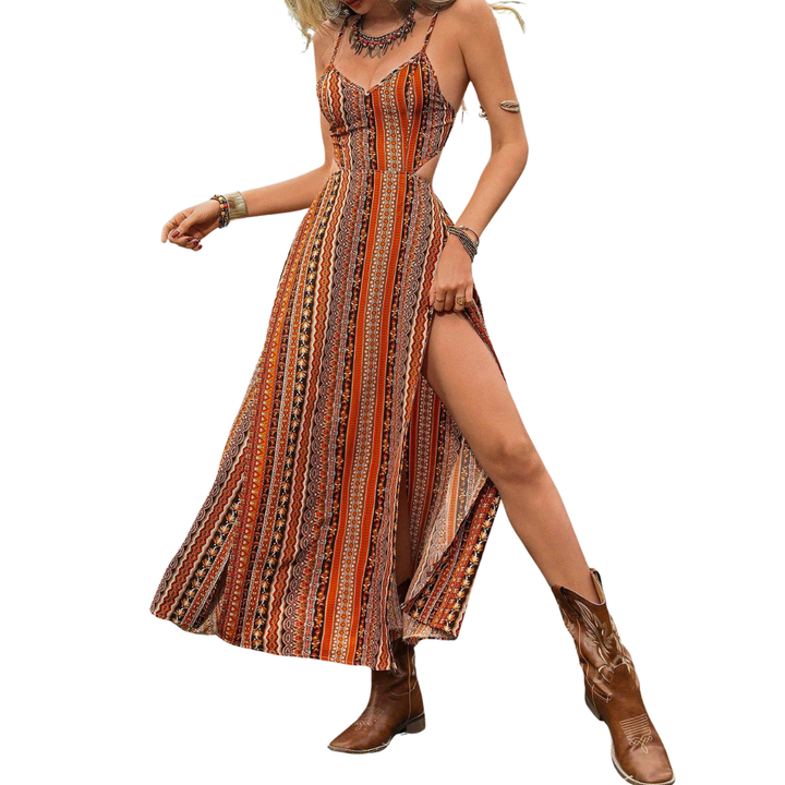 Josie – Boho Print Backless Slit Dress