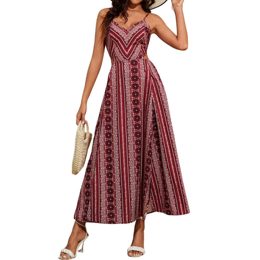Stephanie – Boho Print Backless Slit Dress
