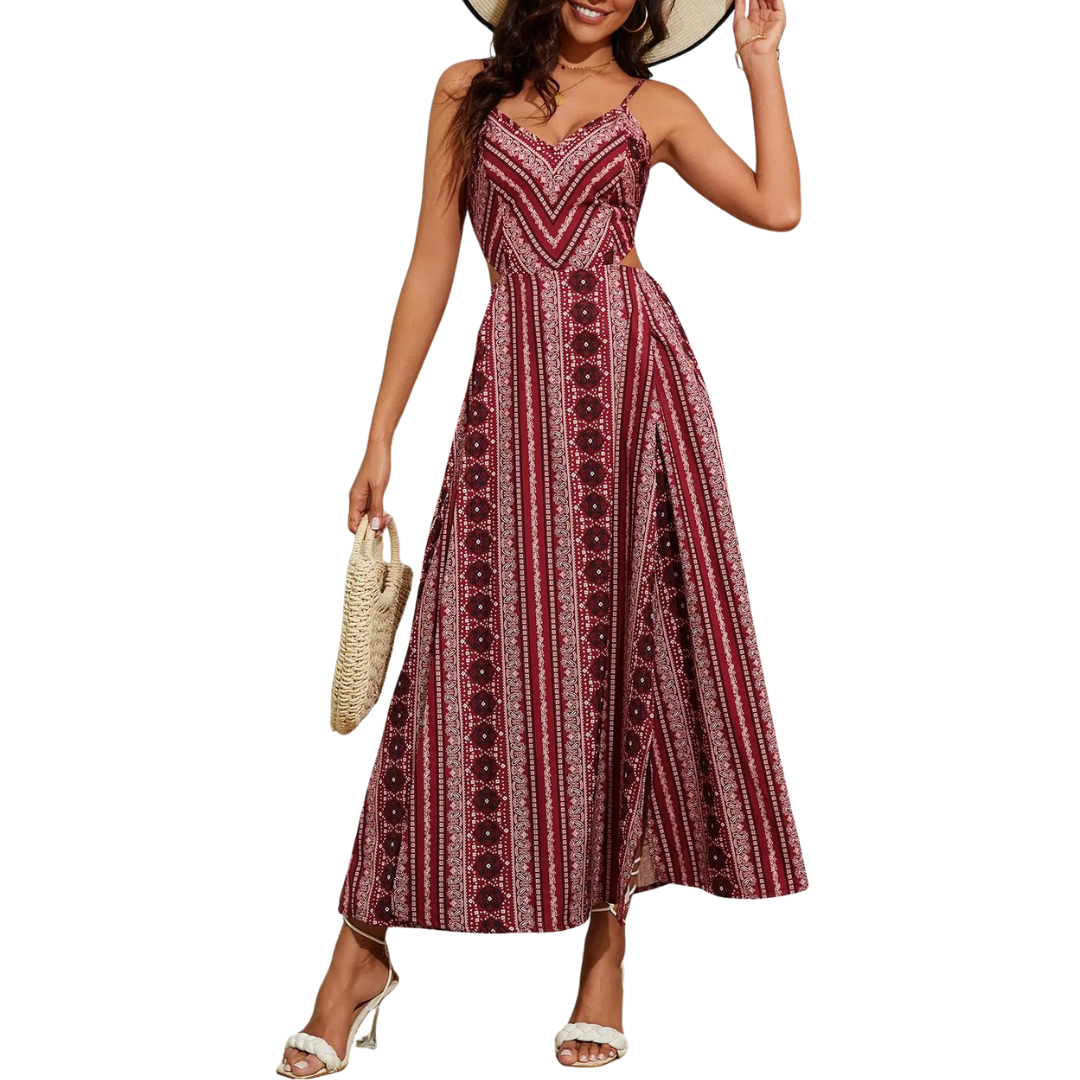 Sally – Printed Open-Back Slit Dress