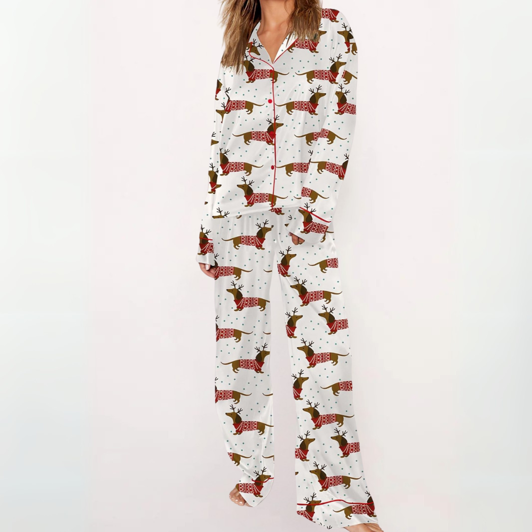 Jean – Casual Printed Button Down Top and Pyjama Set