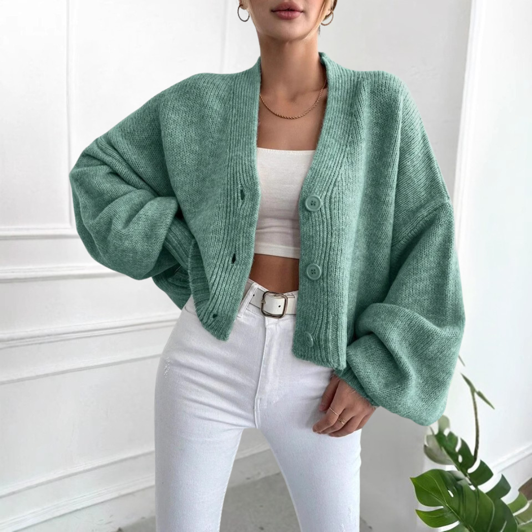 Qony – Casual Crop Lantern Sleeve Cardigan
