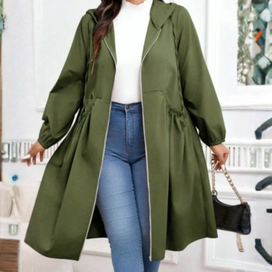 Sally – Casual Plus Size Drawstring Zip-Up Hooded Long Sleeve Coat
