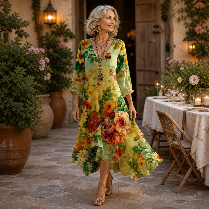 Carole – Floral Midi Dress with Flowing Hem