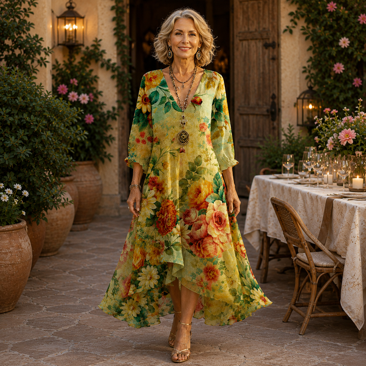 Carole – Floral Midi Dress with Flowing Hem