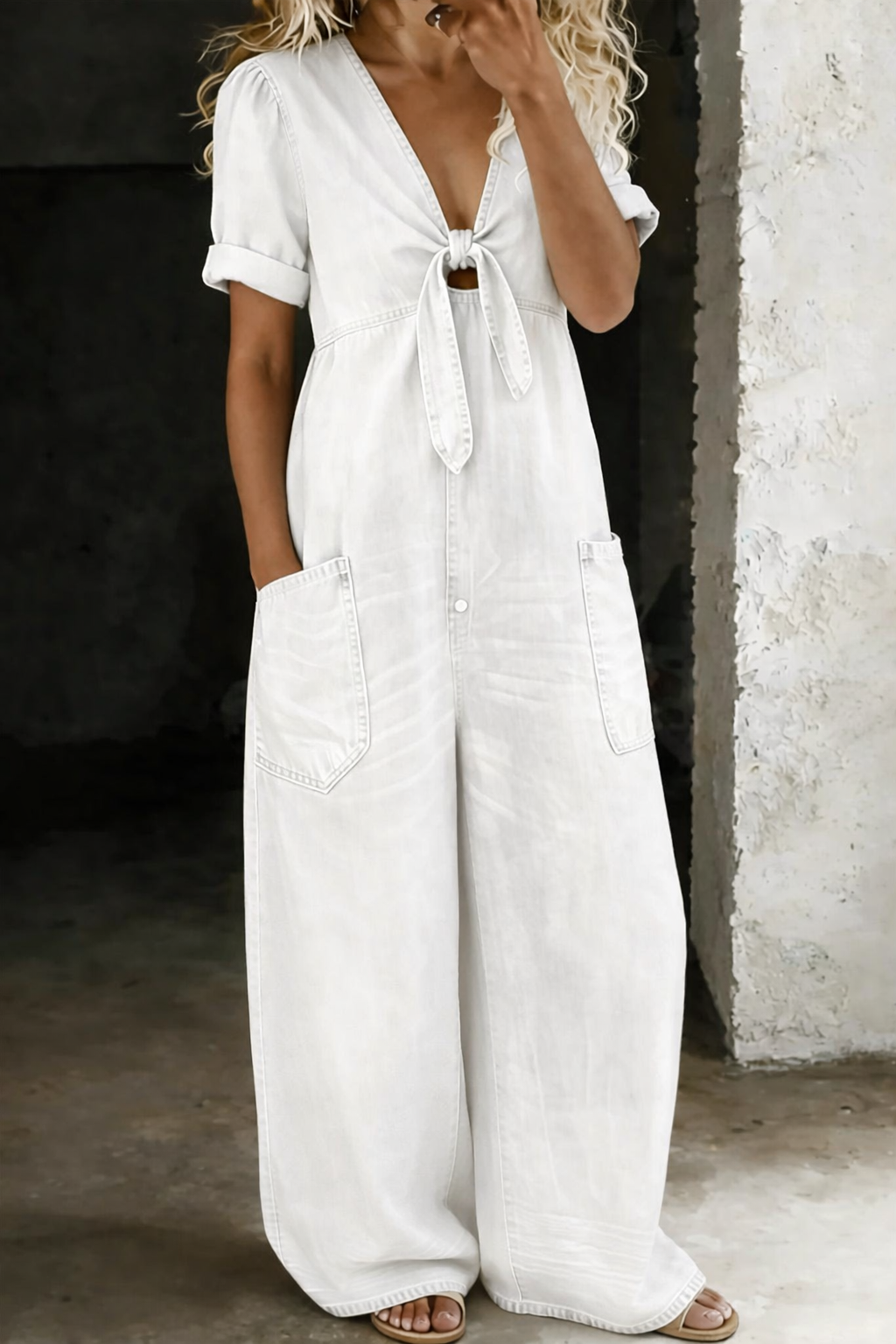 Maya – Denim Wide Leg Tie-Front Jumpsuit