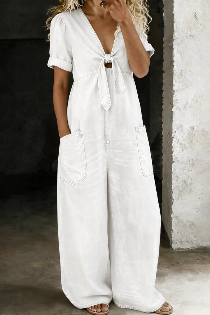 Maya – Denim Wide Leg Tie-Front Jumpsuit