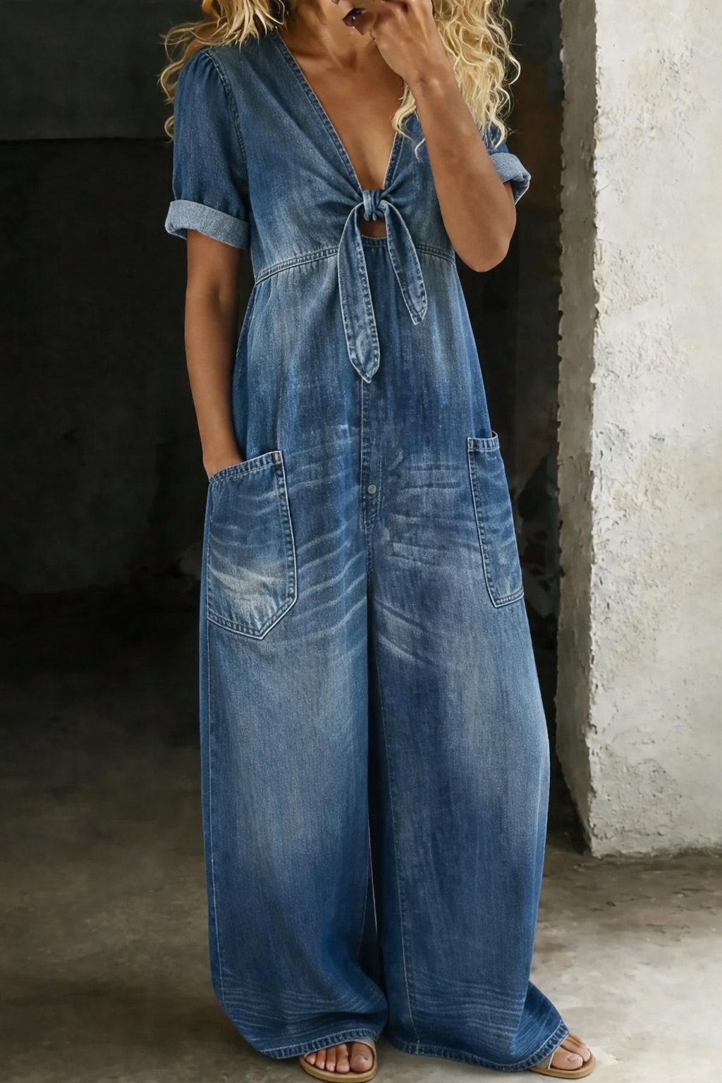Maya – Denim Wide Leg Tie-Front Jumpsuit