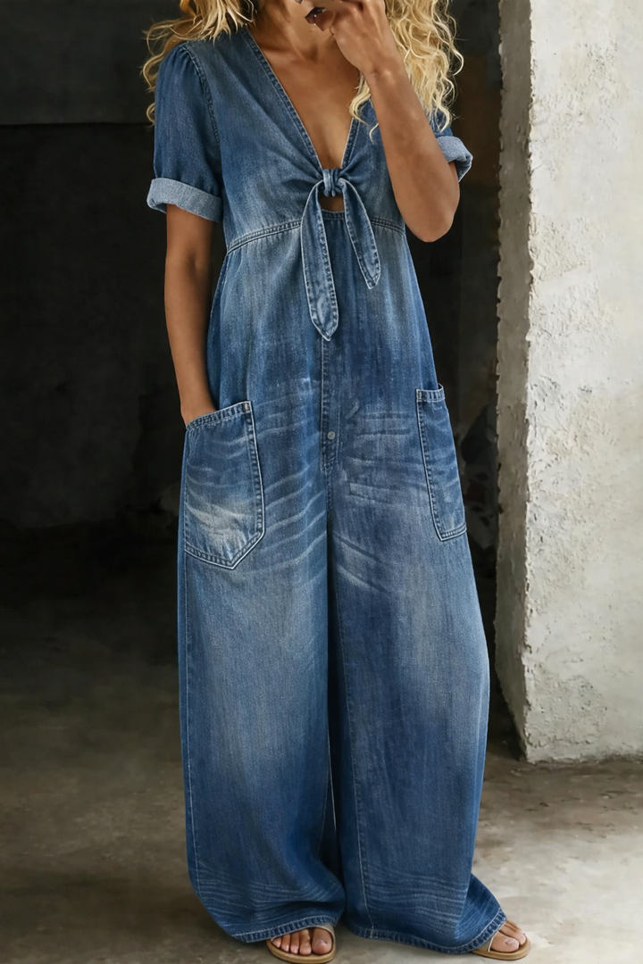 Maya – Denim Wide Leg Tie-Front Jumpsuit