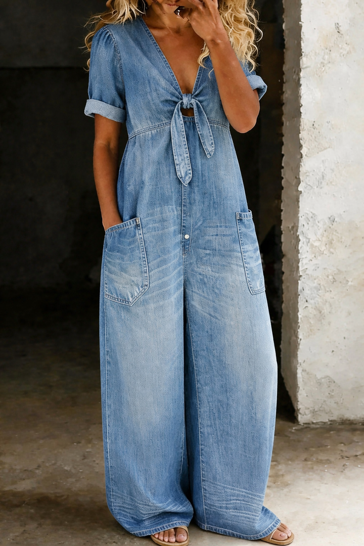 Maya – Denim Wide Leg Tie-Front Jumpsuit