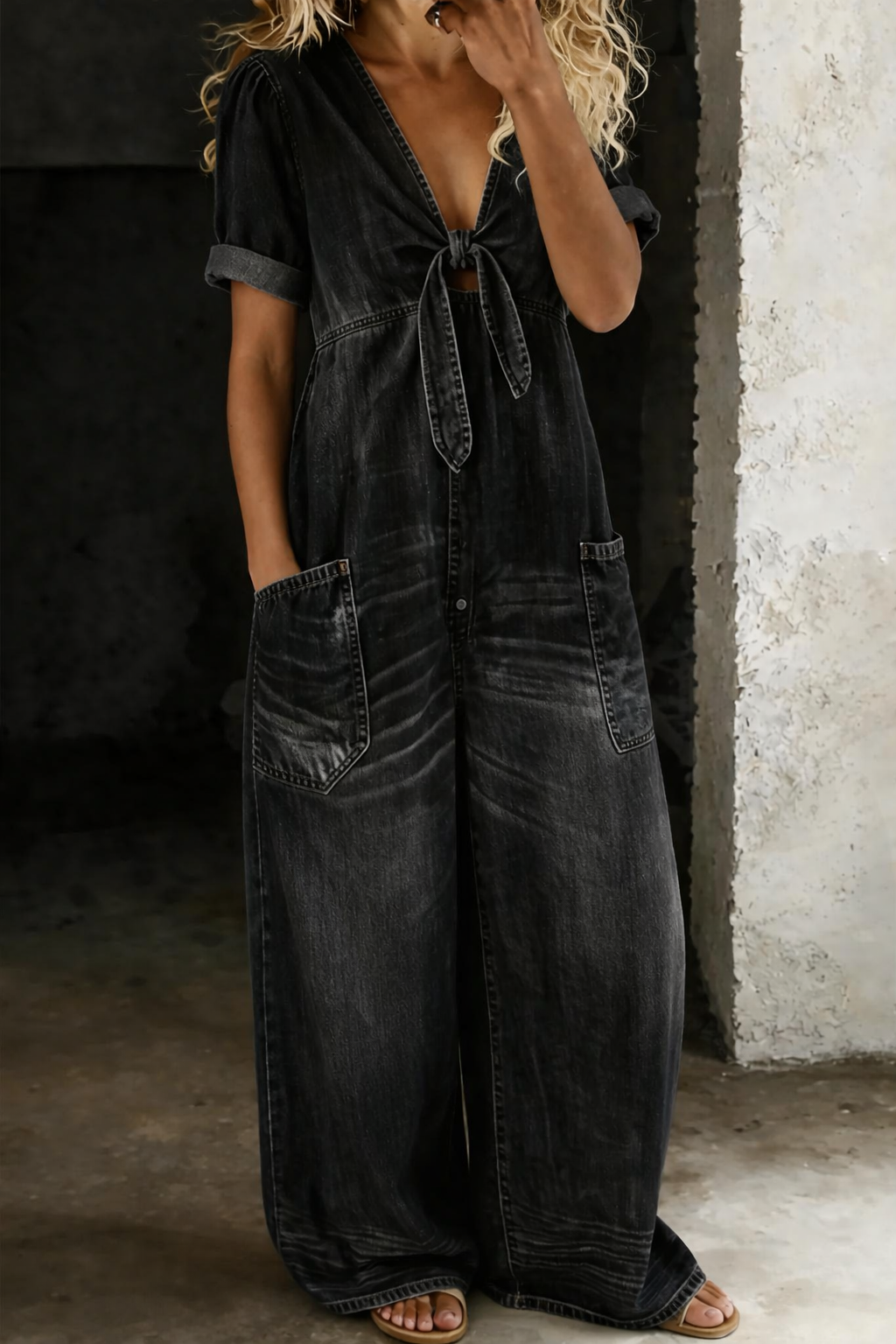 Maya – Denim Wide Leg Tie-Front Jumpsuit