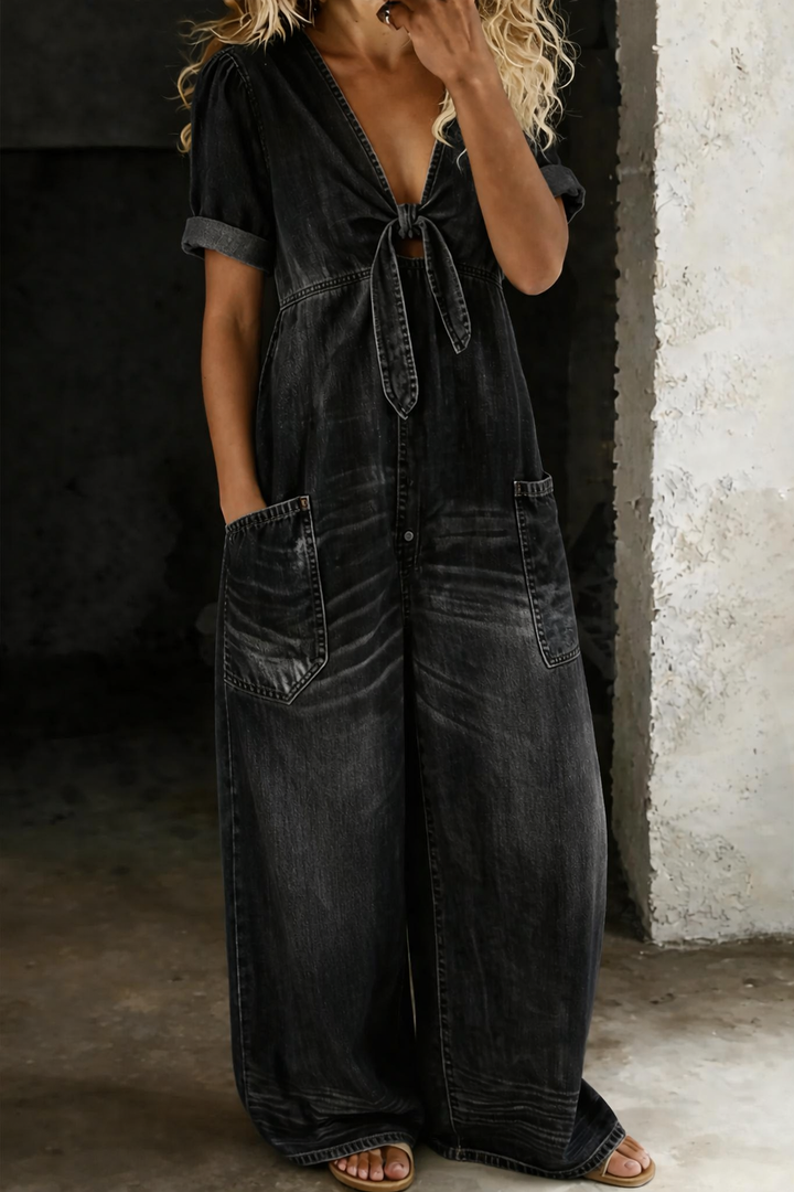 Maya – Denim Wide Leg Tie-Front Jumpsuit