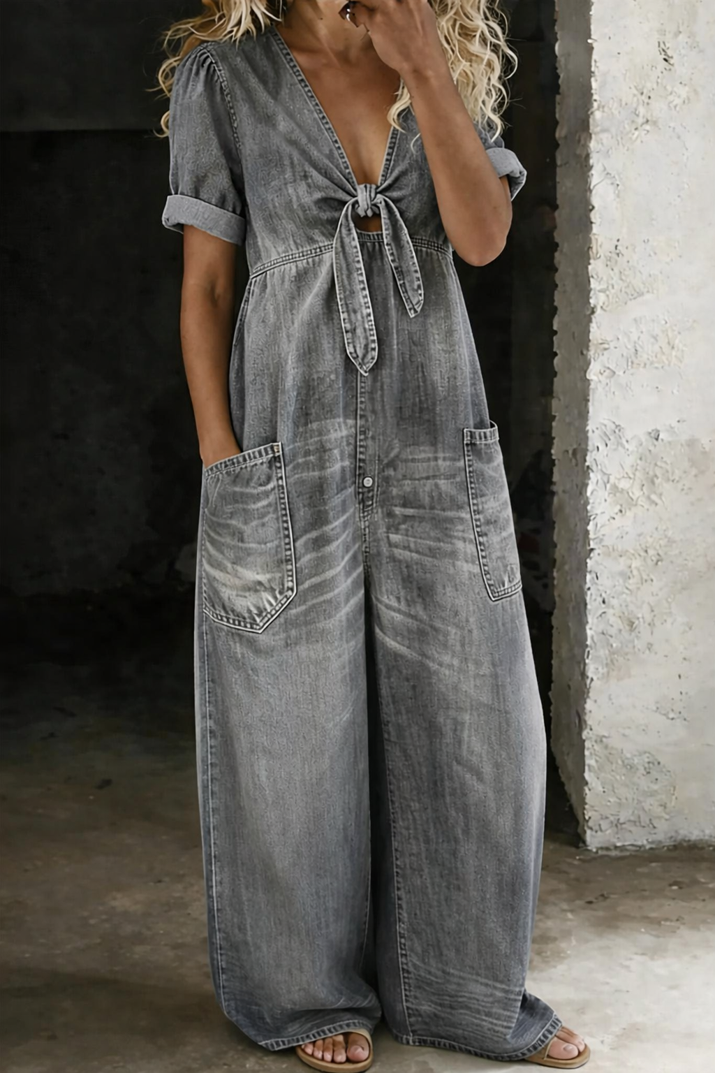 Maya – Denim Wide Leg Tie-Front Jumpsuit