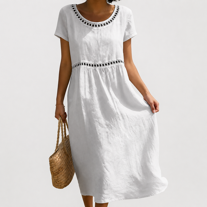 Judith – Linen Midi Dress with Lace Trim
