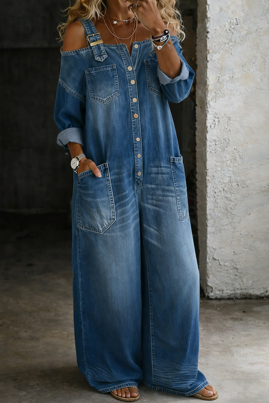 Frances – Off-Shoulder Denim Shirt Jumpsuit