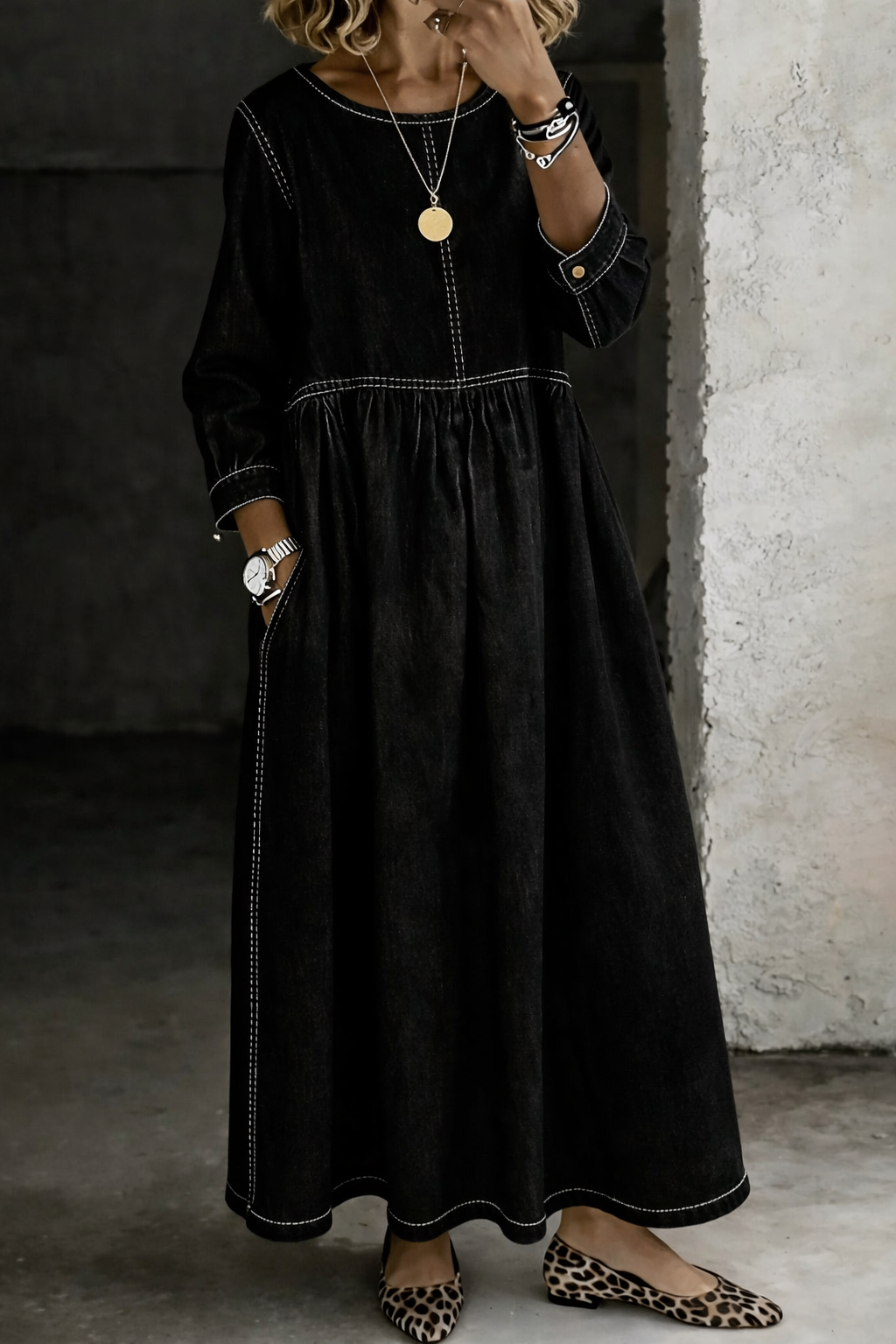 Melissa – Long Sleeve Smocked Denim Midi Dress