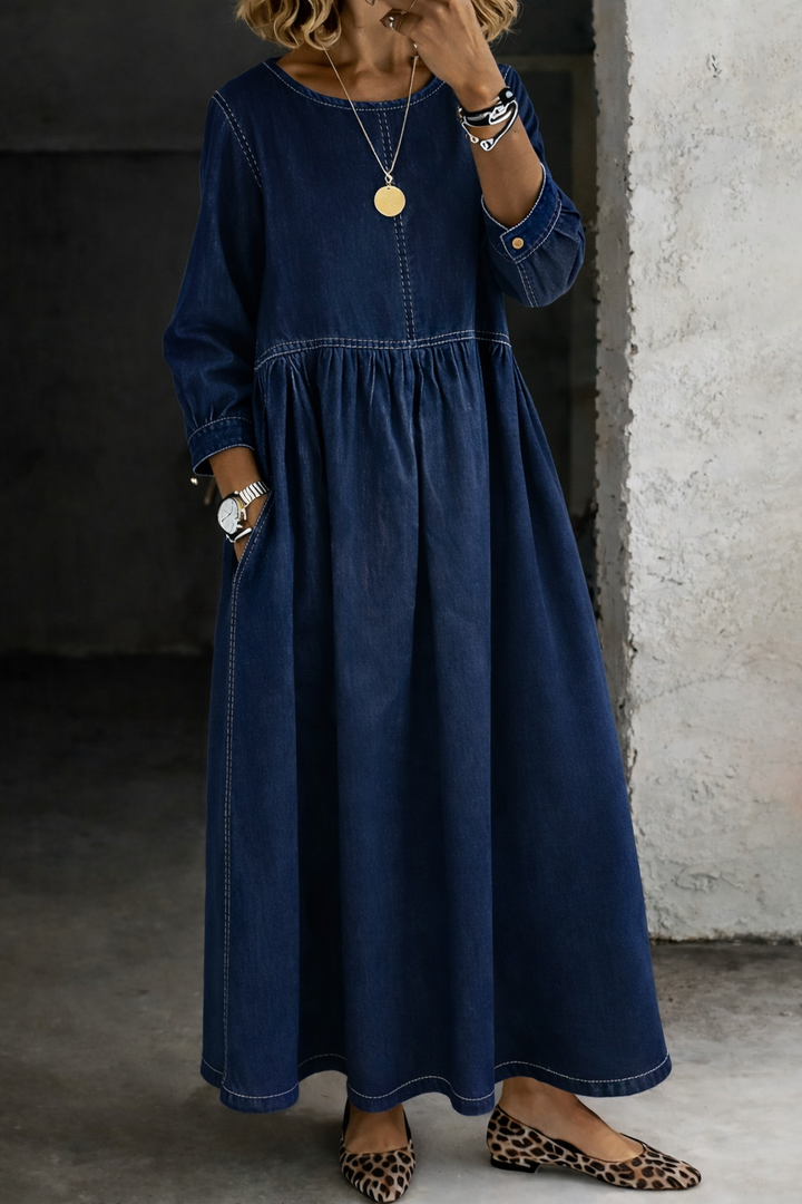 Melissa – Round Neck Long Sleeve Denim Midi Dress