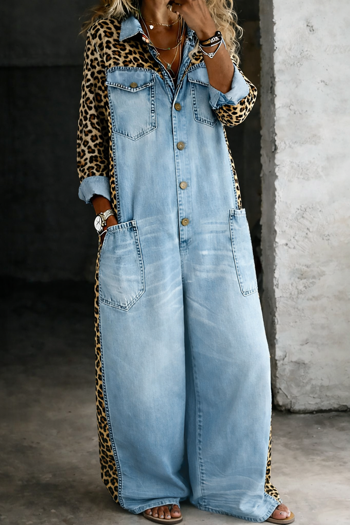Renee – Denim and Leopard Panel Jumpsuit