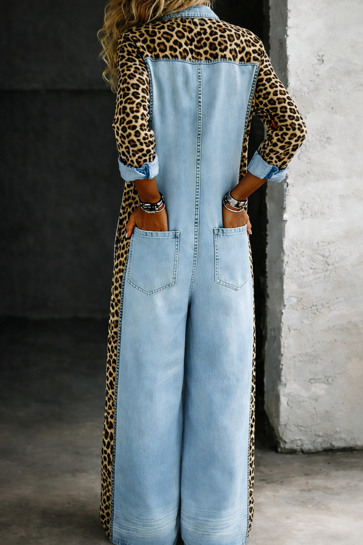 Renee – Denim and Leopard Panel Jumpsuit