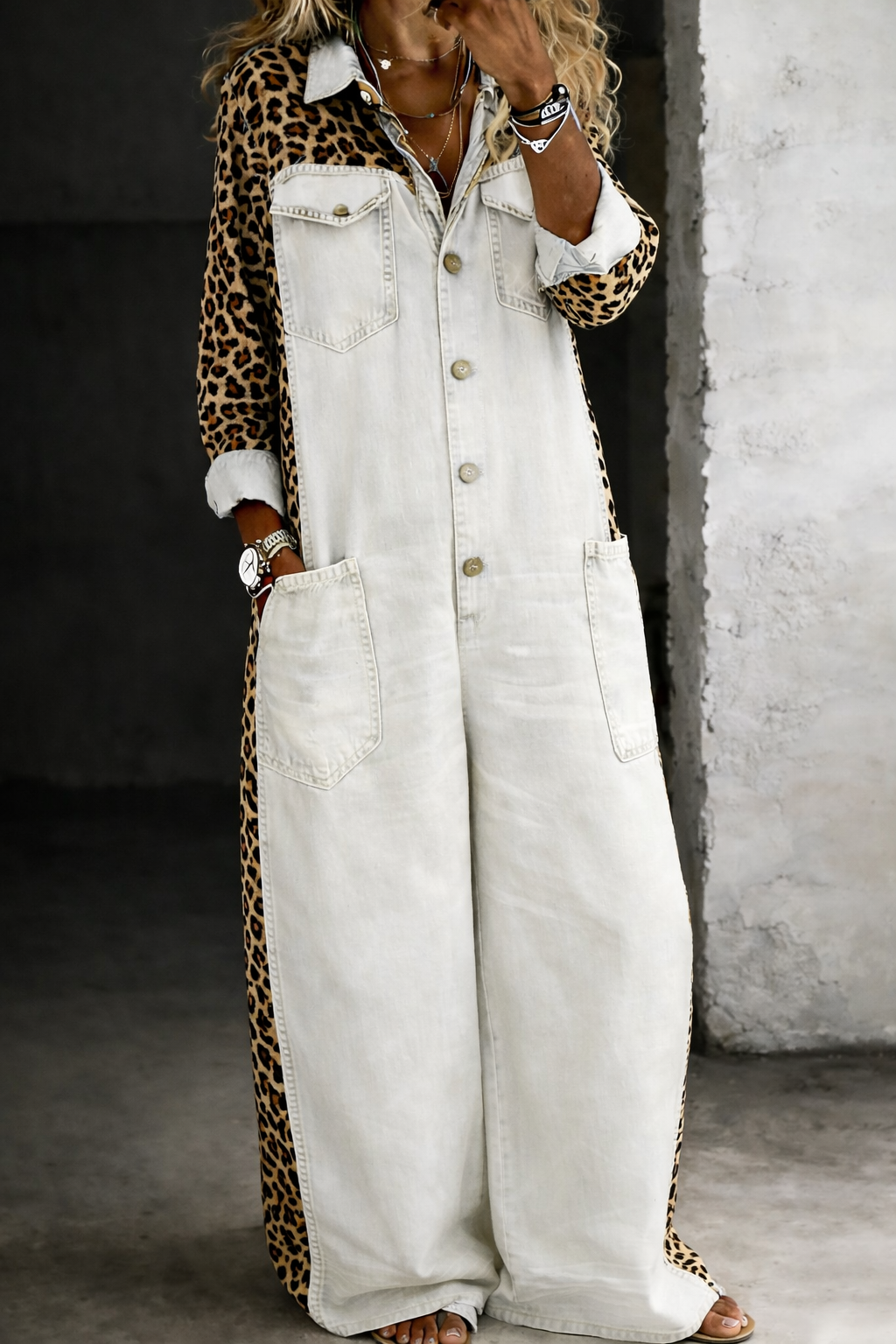 Renee – Denim and Leopard Panel Jumpsuit