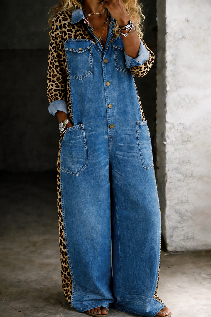 Hazel – Denim and Leopard Print Wide Leg Jumpsuit