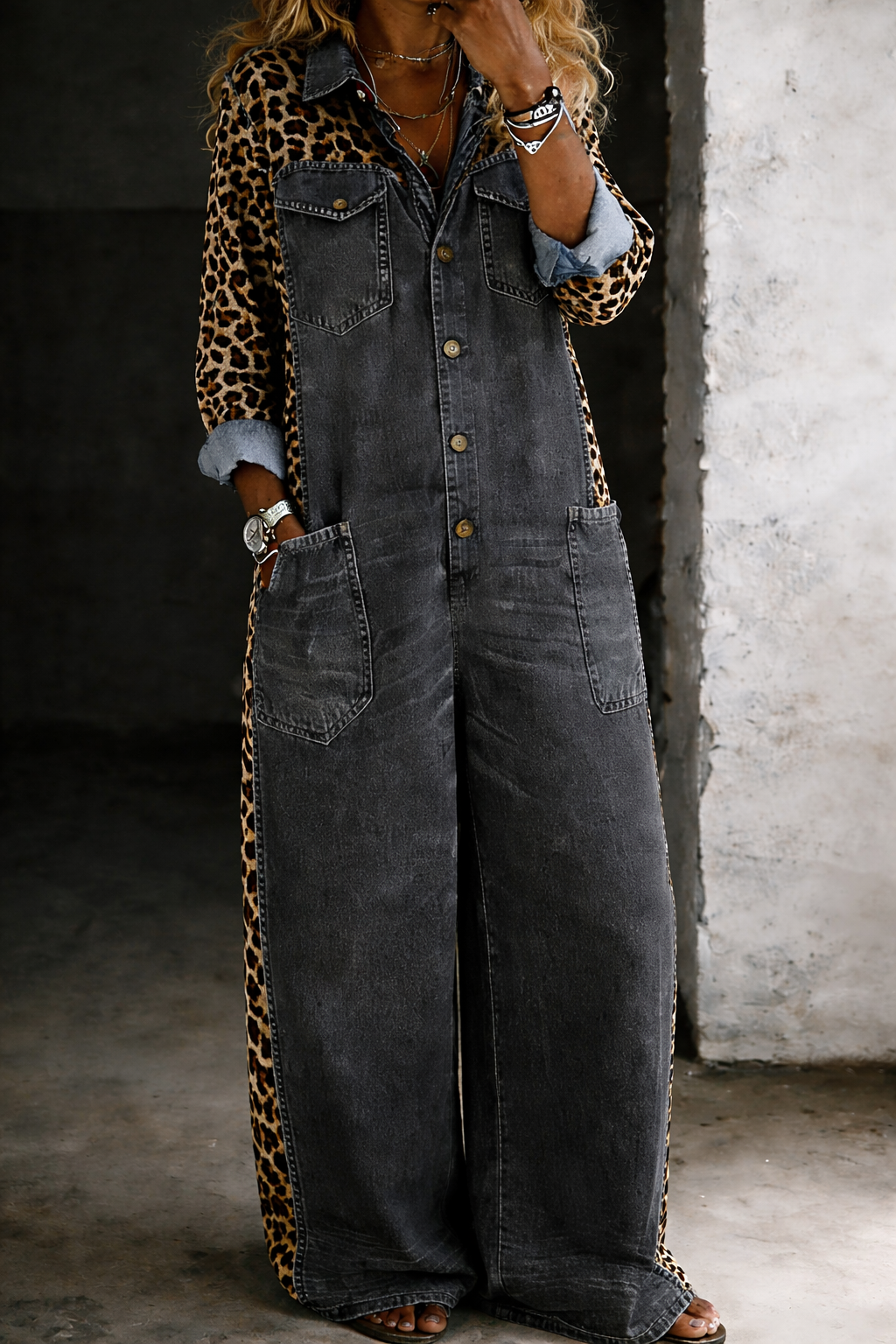 Hazel – Denim and Leopard Print Wide Leg Jumpsuit