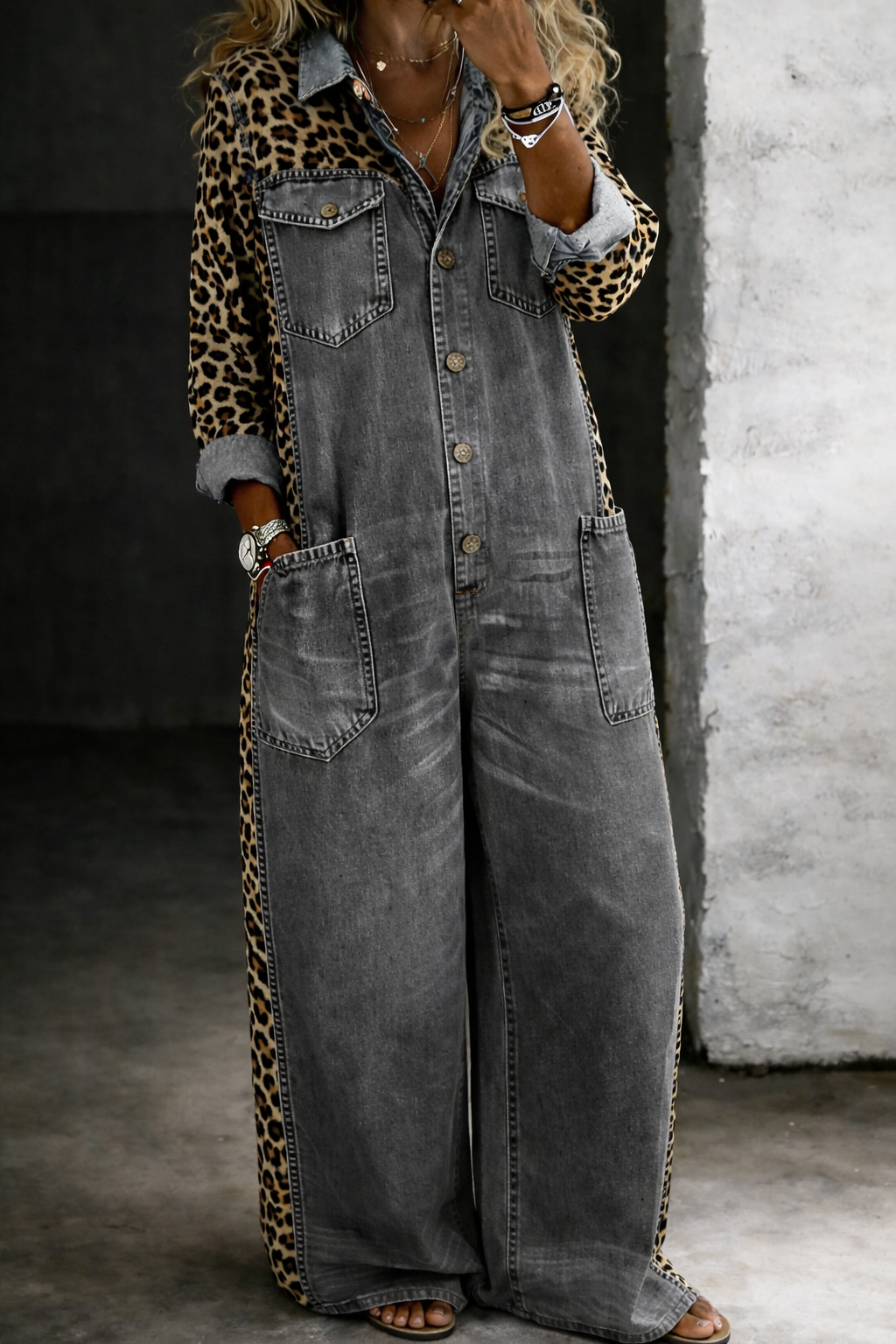 Savannah – Denim and Leopard Wide Leg Jumpsuit