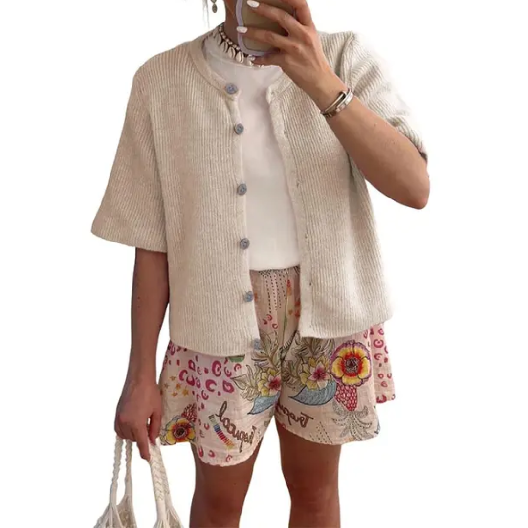 Cheryl – Soft Ribbed Button-Down Short Sleeve Cardigan