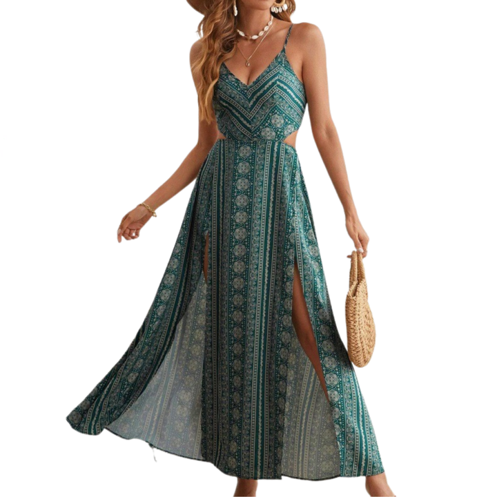 Stephanie – Boho Print Backless Slit Dress
