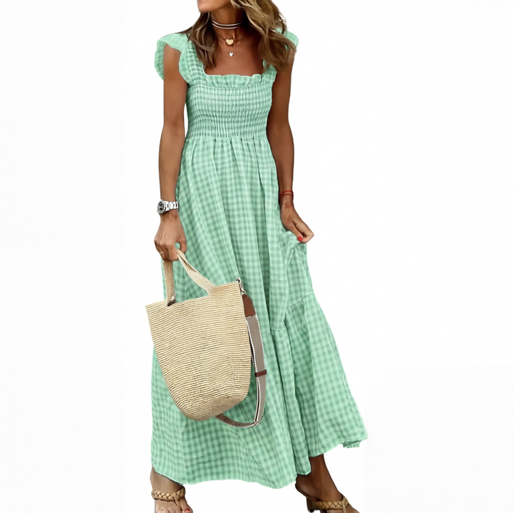 Nancy – Patchwork Plaid Flared Midi Dress