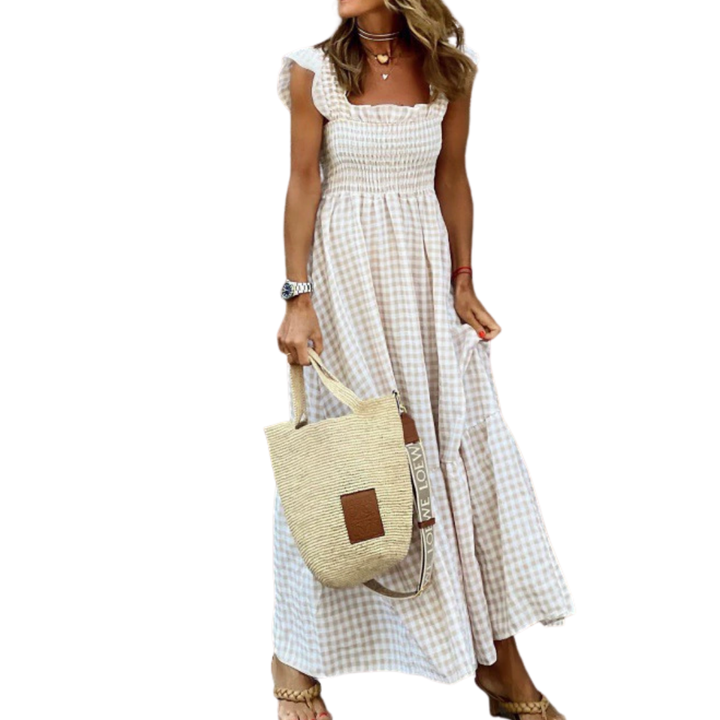 Nancy – Patchwork Plaid Flared Midi Dress