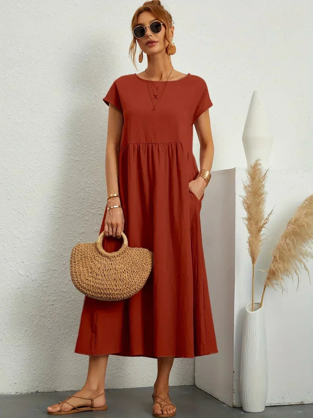 Nora – Relaxed Babydoll Midi Dress with Pockets