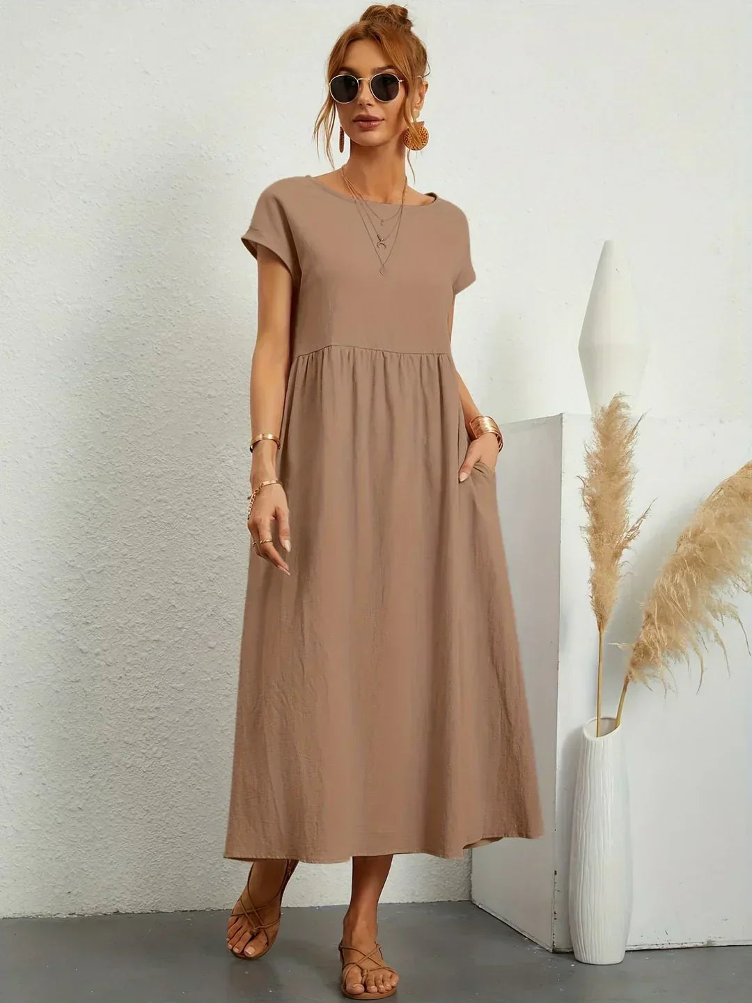 Nora – Relaxed Babydoll Midi Dress with Pockets