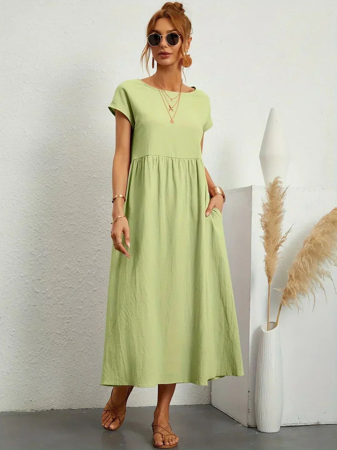 Nora – Relaxed Babydoll Midi Dress with Pockets