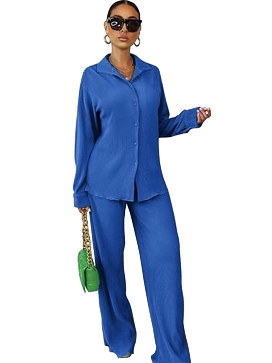 Cleo – Chic Collared Long Sleeve and Wide Leg Pant Set