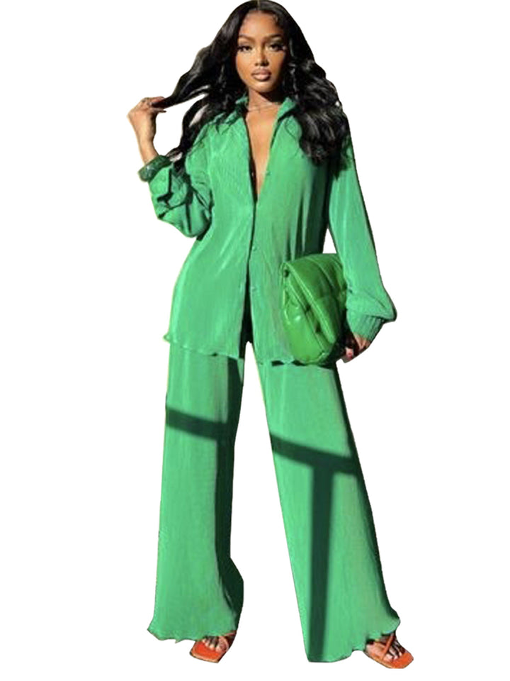 Cleo – Chic Collared Long Sleeve and Wide Leg Pant Set