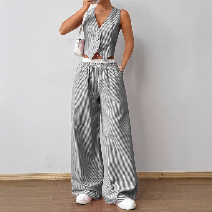 Helena – Elegant Striped Print Vest Top and Wide Leg Pants Set