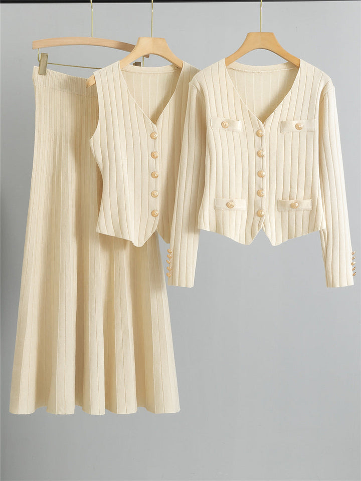 Xandy – Elegant V-Neck Buttoned Vest and High Waist Skirt