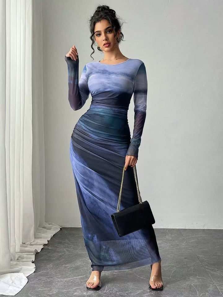 Julia – Comfy Printed Long Sleeve Round Neck Bodycon Maxi Dress