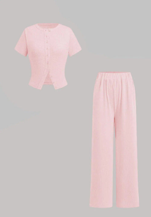 Miranda – Casual Button Front Top and Wide Leg Pants Set