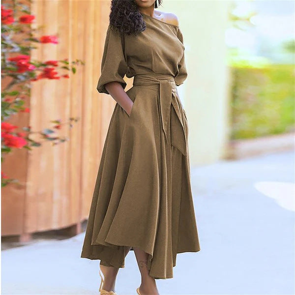 Deirdre – Elegant Belted Bishop Sleeve Boat Neck A-Line Dress