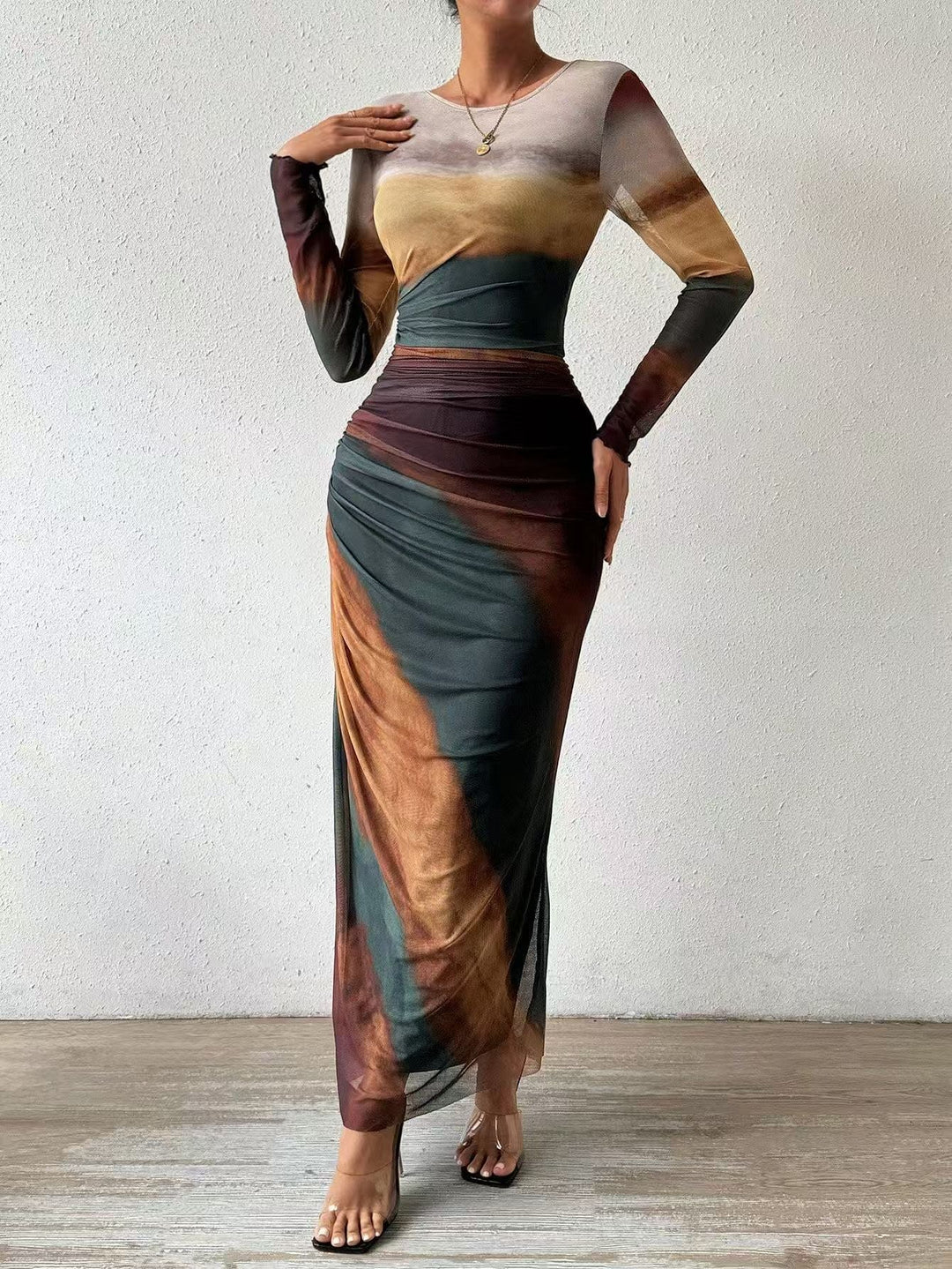 Julia – Comfy Printed Long Sleeve Round Neck Bodycon Maxi Dress