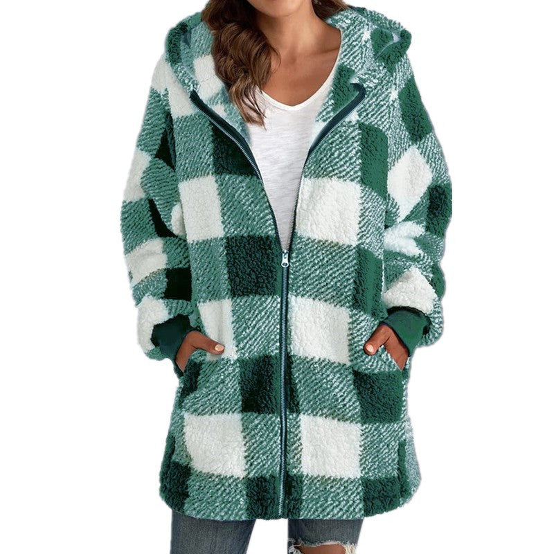 Arabella – Plaid Fleece Long Sleeve Hooded Coat