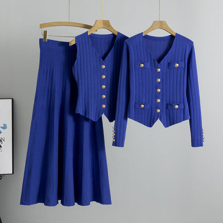 Xandy – Elegant V-Neck Buttoned Vest and High Waist Skirt
