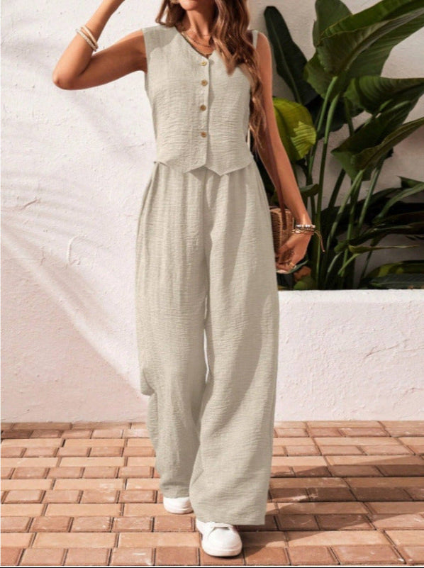 Sally – Elegant Sleeveless V-Neck Top and Trousers Set