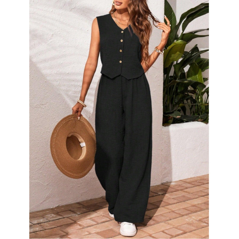 Sally – Elegant Sleeveless V-Neck Top and Trousers Set