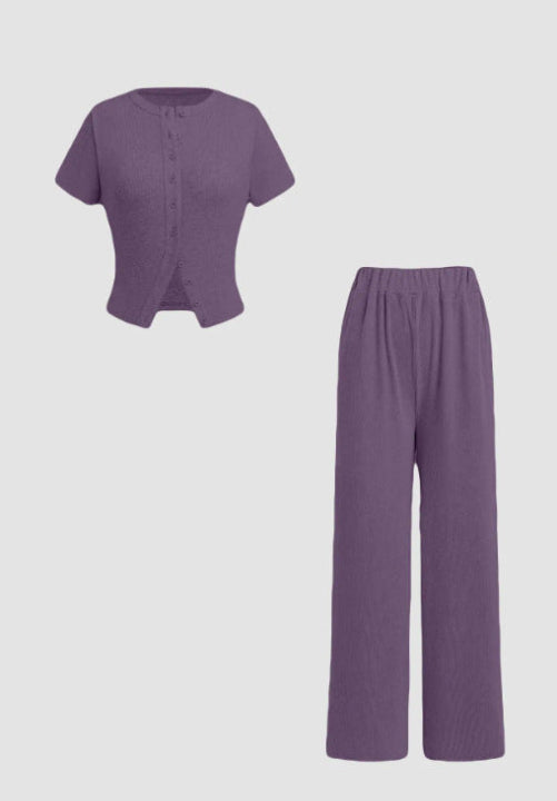 Miranda – Casual Button Front Top and Wide Leg Pants Set